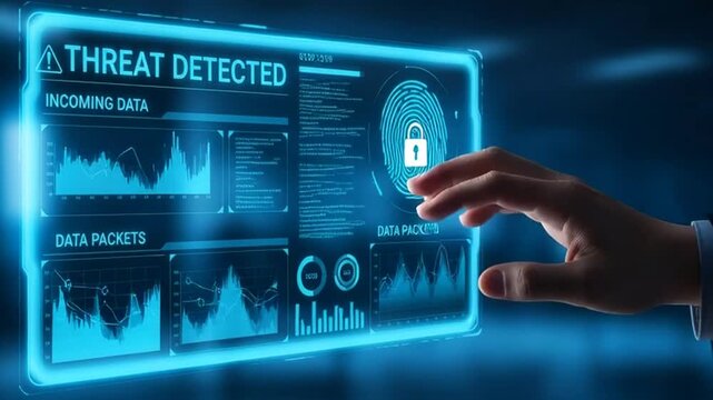 Cyber threat detection system interface displayed on a futuristic digital screen being interacted with by a person's finger.