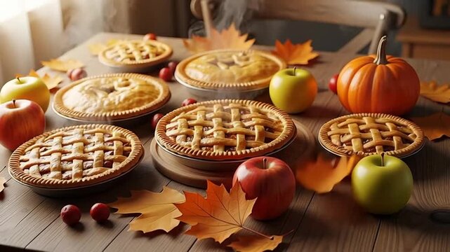 Delicious homemade pies and fresh fruits on a rustic wooden table with autumn leaves.