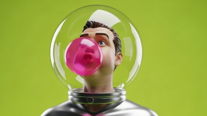 Funny 3d character of astronaut in space helmet blowing pink bubble gum on green background