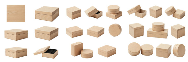 Fototapeta premium Set and collection of various wooden packaging boxes, gift boxes, and eco-friendly round and square containers in different sizes isolated on white transparent PNG background