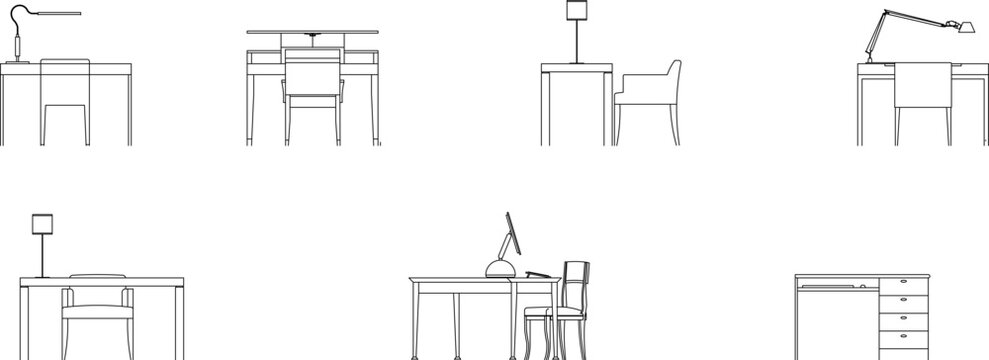Collection of professional desk elevation icons, featuring computer workstations, study tables, and office desk arrangements.