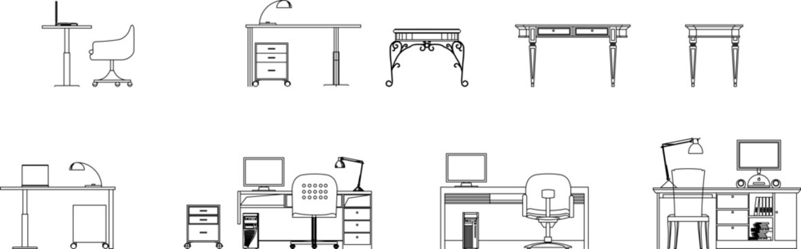 Collection of furniture elevation icons featuring computer desks, vanity tables, and workstations for interior architecture.