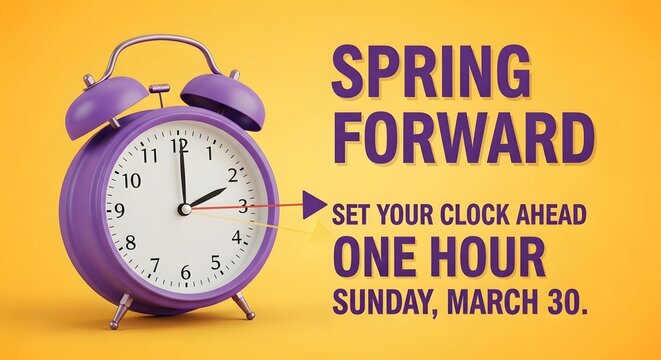 Purple Alarm Clock Spring Forward Daylight Saving Time Concept