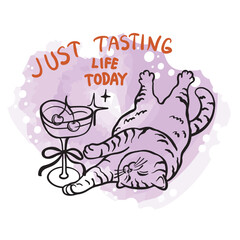 Fototapeta premium Funny vector illustration of a cute tabby cat lying on its back next to a cocktail glass with cherries. Featuring the quote 
