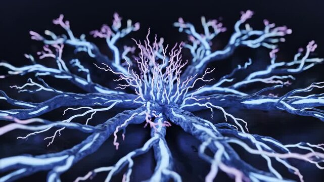 Neural connections expanding like roots. Neural connections slowly grow outward like organic roots, extending deliberately into surrounding space.