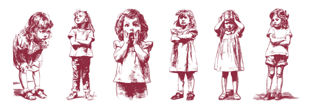 Cute little girls emotional expressions children poses illustration set. Collection of girls showing sad, angry, surprised moods. Pencil hand drawn sketch drawing style.