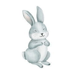 Fototapeta premium Cute watercolor rabbit illustration with soft pastel tones. Hand painted animal character perfect for baby prints, nursery decor, Easter and winter design, kids print and greeting cards.