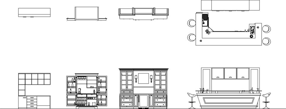 Collection of furniture icons featuring storage cabinets, bookshelves, and bar counter units in front and top view layouts