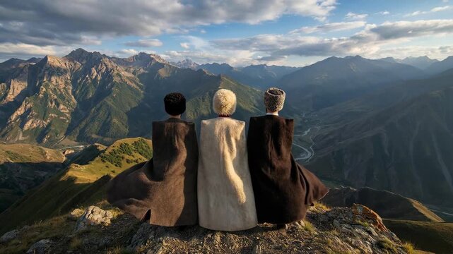 Three Chechen Men in Traditional Cloaks and Papakha Hats Looking at Caucasus Mountains