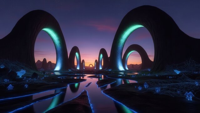 Futuristic stone arches in desert landscape at dusk with glowing neon trails