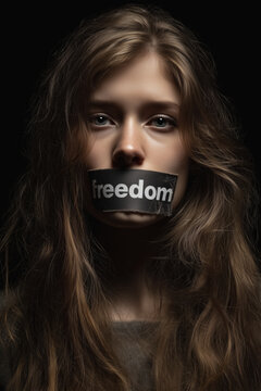 Young woman with a tape over her mouth showing the word "freedom"