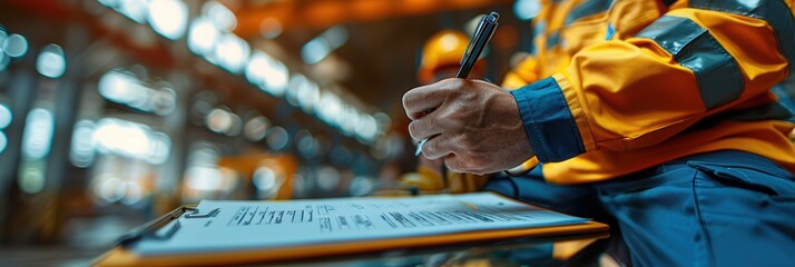 Construction Safety Inspection Checklist at Job Site with Blurred Background