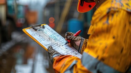 Construction Safety Inspection Checklist at Job Site with Blurred Background