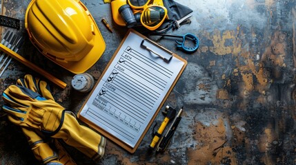 Construction Safety Equipment Flat Lay with Hard Hat and Clipboard on Concrete Floor