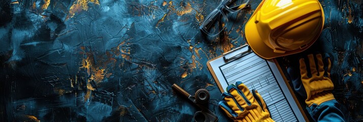 Construction Safety Equipment Flat Lay with Hard Hat and Clipboard on Concrete Floor