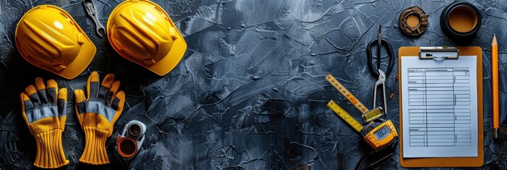 Construction Safety Equipment Flat Lay with Hard Hat and Clipboard on Concrete Floor