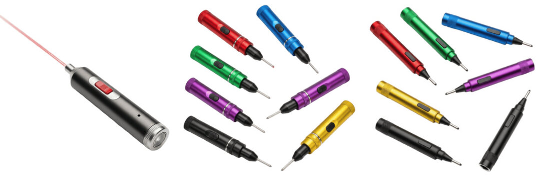 Set and collection of professional laser pointer pens in various metallic colors with red light beam for presentations and lectures isolated on white transparent PNG background