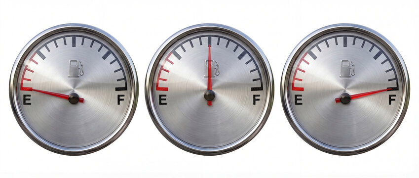 fuel gauges displaying empty half and full tank levels on white background
