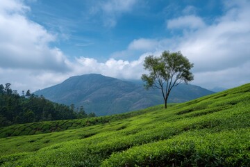 Naklejka premium Lone tree in lush green tea plantation on foggy mountain landscape