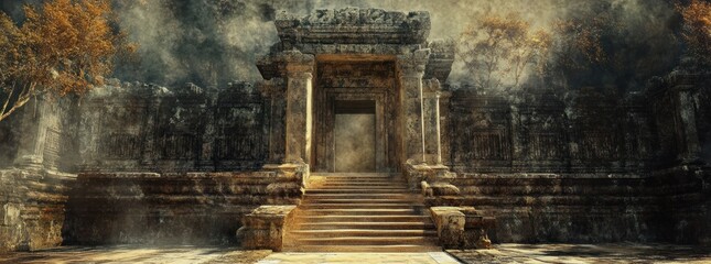 Ancient Temple Entrance with Staircase and Ruins.