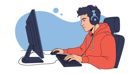 Focused young man wearing headphones sitting at a desk and playing video games on a computer monitor with mouse.