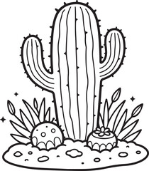 Black and white cactus illustration with small plants. © Mans Toel