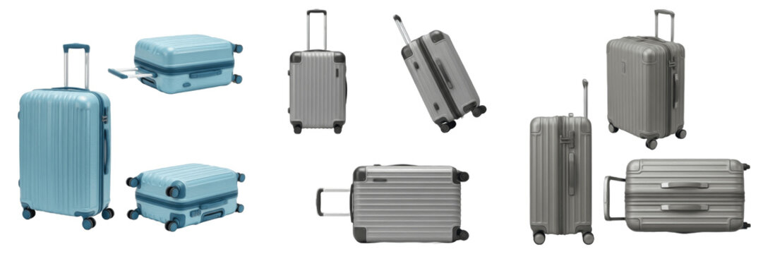 Set and collection of modern hard shell luggage suitcases with wheels in light blue and silver colors shown in various angles isolated on white transparent PNG background