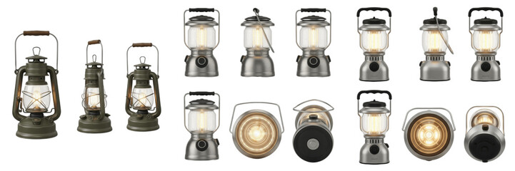 Set and collection of vintage oil hurricane lanterns and modern LED camping lights in various angles for outdoor and adventure mockup isolated on white transparent PNG background © imageworld