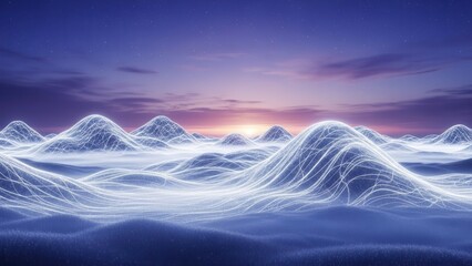 Futuristic digital terrain with glowing blue grid lines and sunrise horizon over dark hills