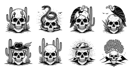 Fototapeta premium Set of eight detailed skull illustrations with desert and western themes.