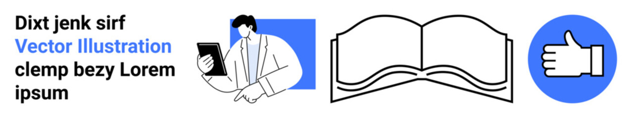 Obraz premium Digital learning, education tools, content creation, publishing, online approval, user interaction. Person holding a tablet, open book thumbs-up icon. Digital learning and education tools concept