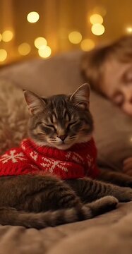 Cozy Holiday Pet Portrait, Cat Resting in Winter Outfit