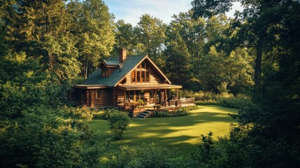 Serene Woodland House with Porch and Lawn.