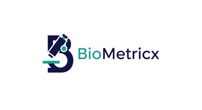 Blue BioMetricx letter B logo design with integrated microscope icon on isolated white background