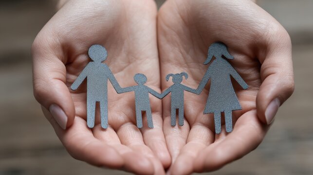 Hands holding paper family in protective embrace