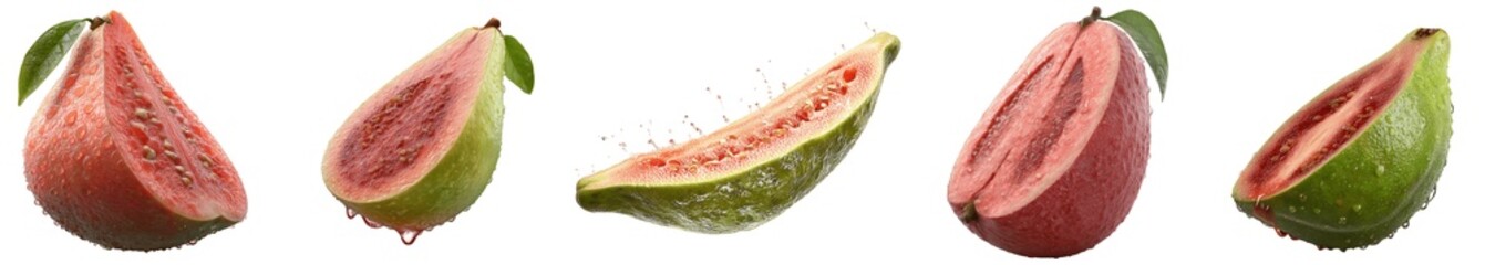 Fototapeta premium Set of guava wedges with water droplets flying isolated on transparent background, PNG