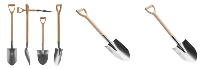 Set and collection of professional garden shovels and digging spades with wooden D-handles in various angles isolated on white transparent PNG background © imageworld