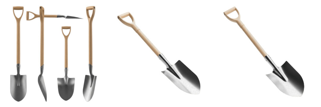 Set and collection of professional garden shovels and digging spades with wooden D-handles in various angles isolated on white transparent PNG background