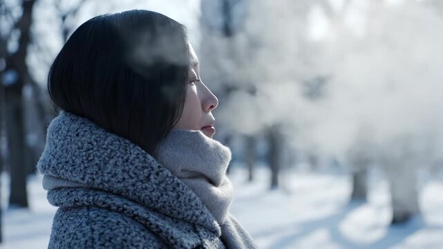 Person exhaling visible breath in cold air. A person stands still in cold air, slowly exhaling as visible breath drifts gently forward and dissipates.