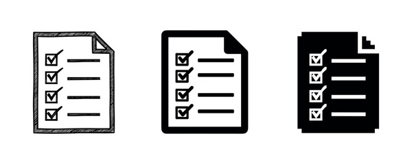 Three checklist icons in sketch, solid, and outline styles