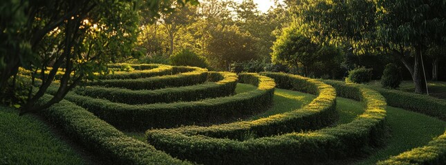Serene Garden Maze with Hedging and Foliage.