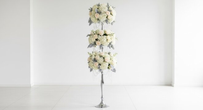 A three-tiered floral arrangement with white and cream-colored flowers, arranged on a silver stand, against a white wall.