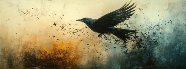 Black Bird Flying Through Dark Swirling Storm.