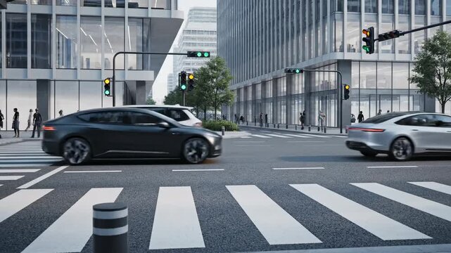Self-driving urban mobility. Self-driving electric cars moving calmly through a spotless city crossroads