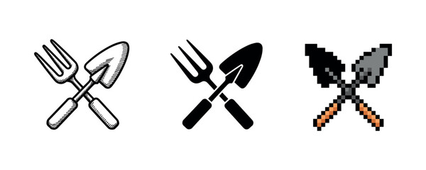 Set of garden tools: vintage, modern, and pixel art styles displayed