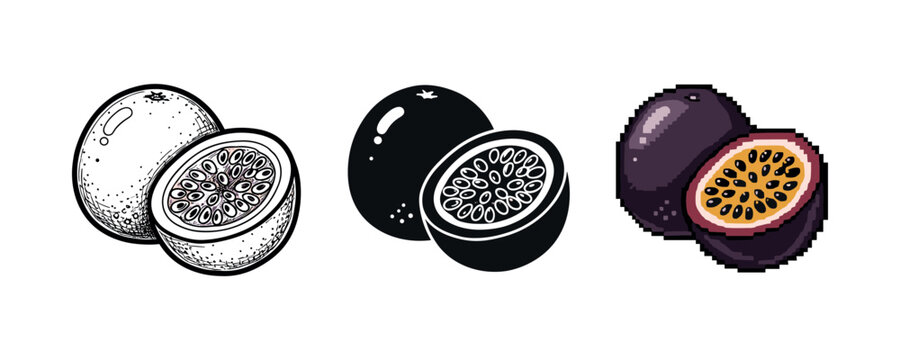 Black and white to pixel art evolution of passion fruit illustration