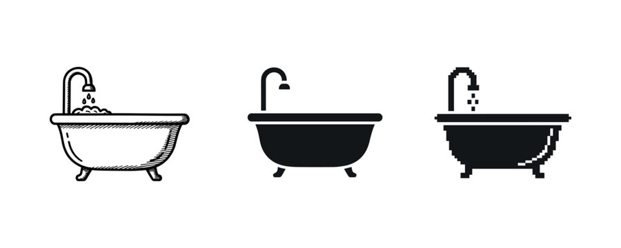 Minimalist bathtub icons: vintage, modern, pixel art