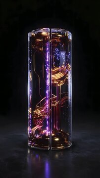 Macro Vertical Shot of Monolithic Central Database Core with Obsidian Slabs and Violet Data Pulses