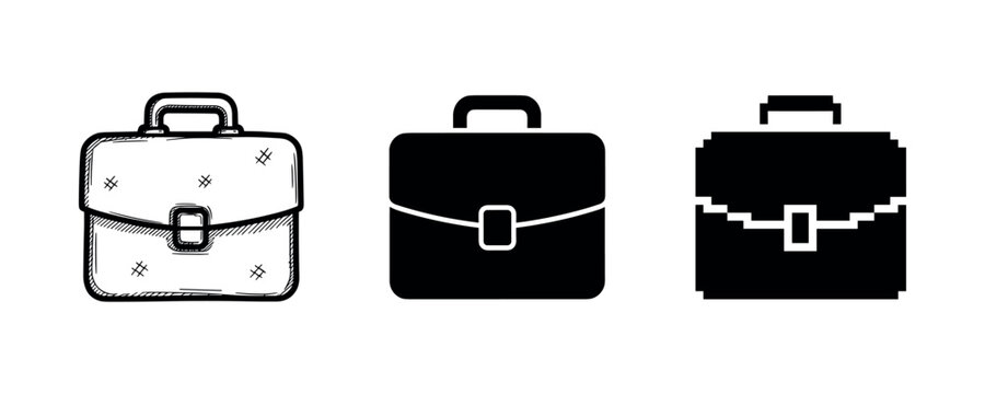 Three unique briefcase icons: sketch, solid, and pixelated designs