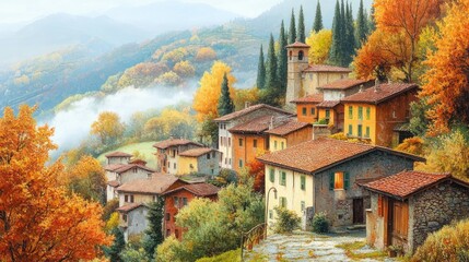 Quaint Village Nestled in Autumnal Mountainside.